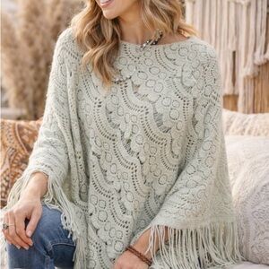 Boho Open-Knit Fringe Poncho Sweater in Light Sage